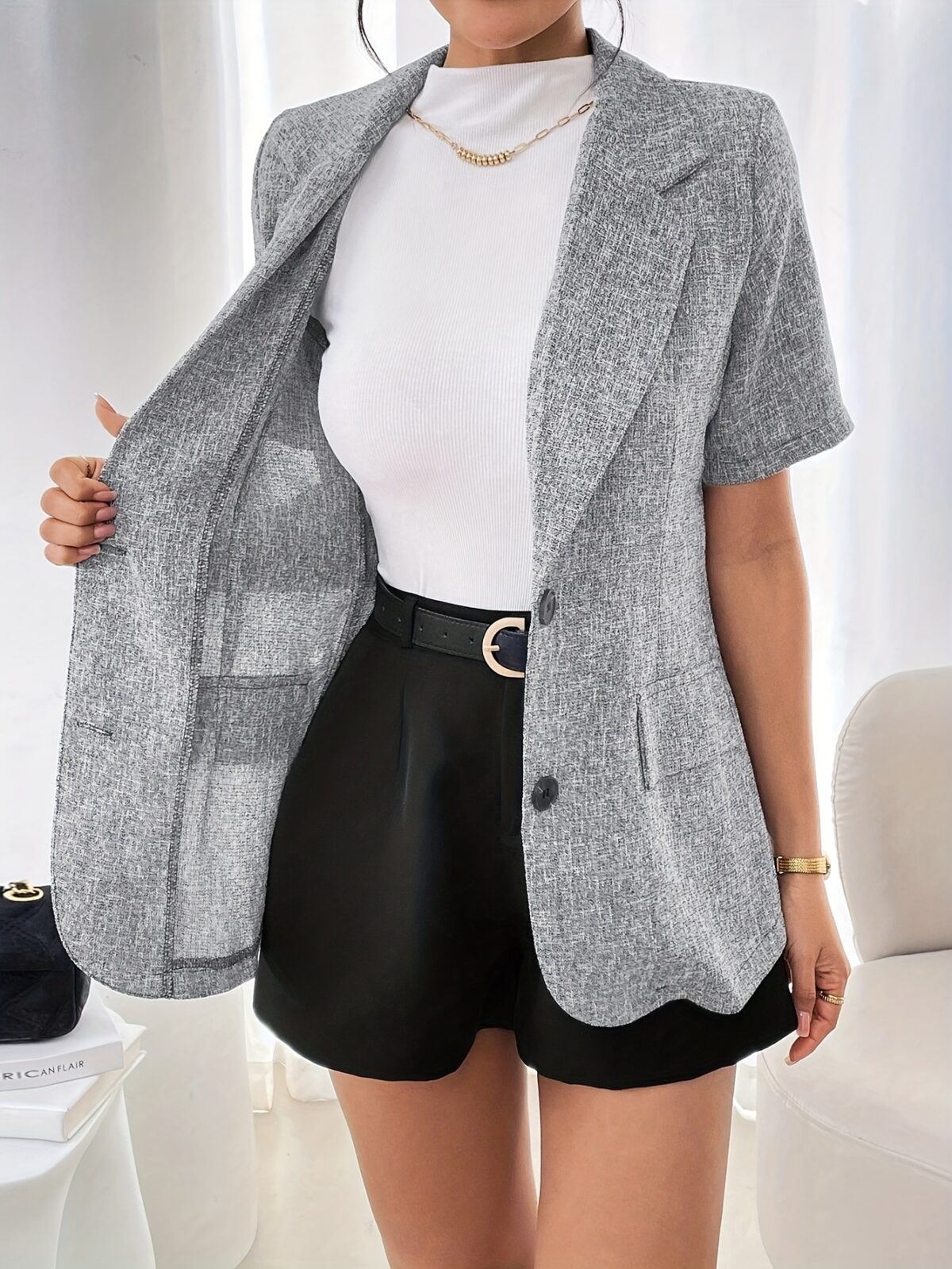 Newness Summer Breeze Womens Casual Short Sleeve Blazer in light gray polyester Versatile and stylish perfect for spring summer and fall