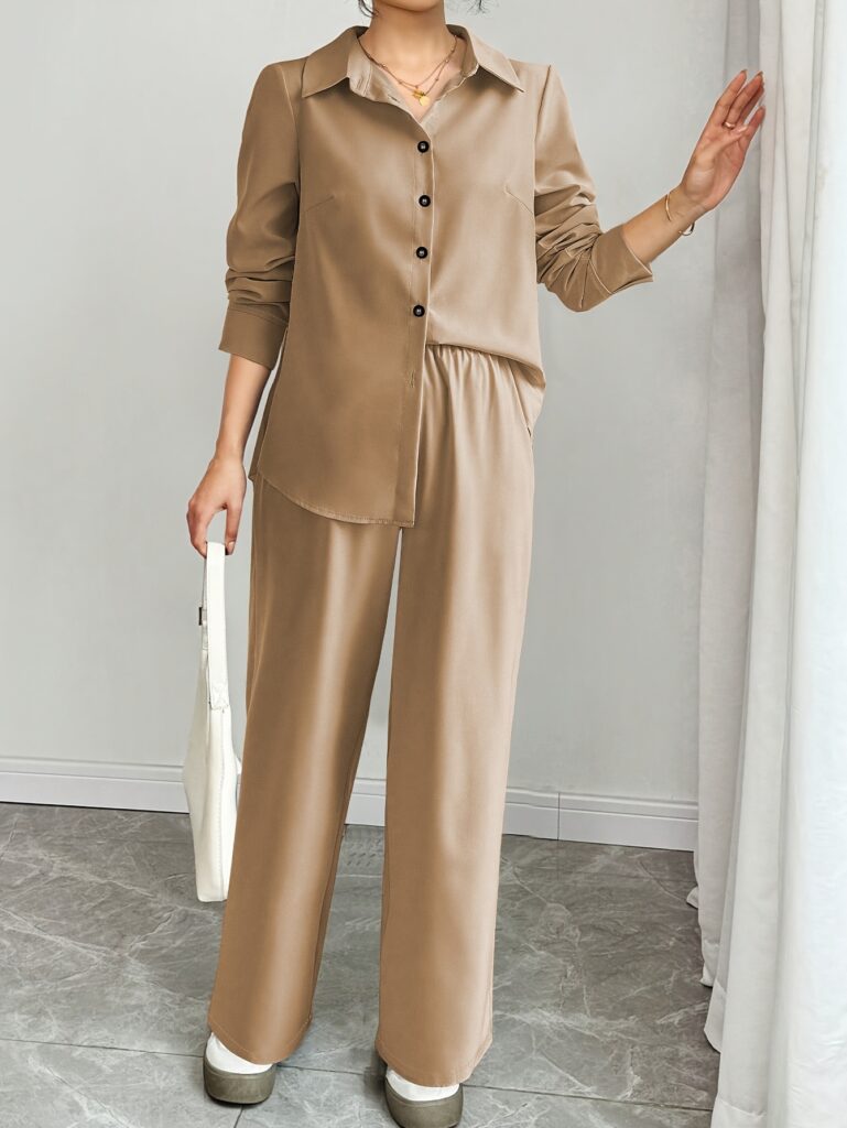 The Newness Milan Solid Color Pants Set: A luxurious polyester pants set in a chic solid color, perfect for any occasion. Flattering and comfortable, this stylish two-piece set elevates your everyday look.