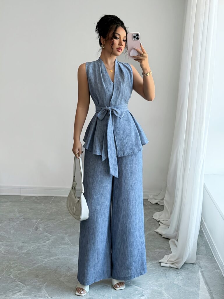 The Newness Milan Belted Suit Vest Set: A chic, belted vest and suit set in a versatile color, perfect for effortlessly elegant style.