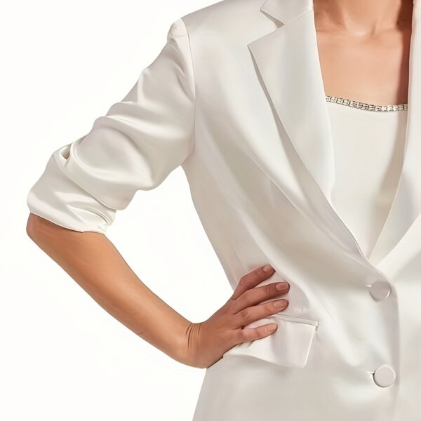 Summer Breeze Womens Satin Blazer in versatile style perfect for casual office or everyday wear Model showcasing the blazers smooth comfortable fit and sophisticated look