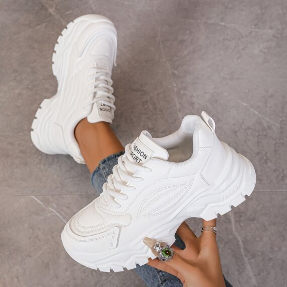 White womens chunky sneakers with geometric embroidery thick sole and lace up closure