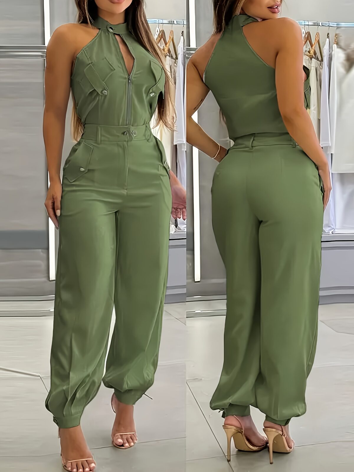 Model wearing the Sahara Sunset Beige Zipper Jumpsuit a flattering beige jumpsuit perfect for spring and summer The jumpsuit features a zipper closure and a chic effortless silhouette