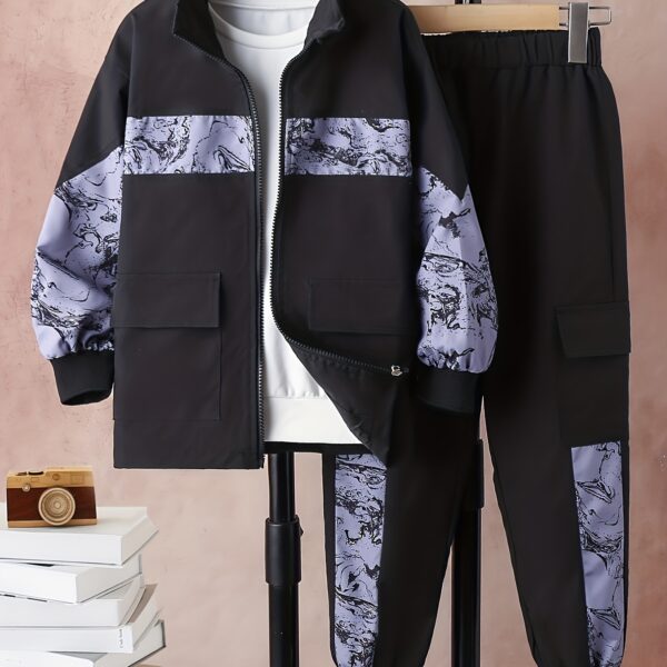 Stylish boys geometric tracksuit set in trendy print perfect for spring and fall outdoor adventures Offers warmth and breathability