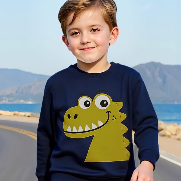 Stylish boys dinosaur print sweatshirt and pants set perfect for active play Features a vibrant dinosaur print on a comfortable versatile outfit suitable for school playtime and everyday wear Ages 4 7