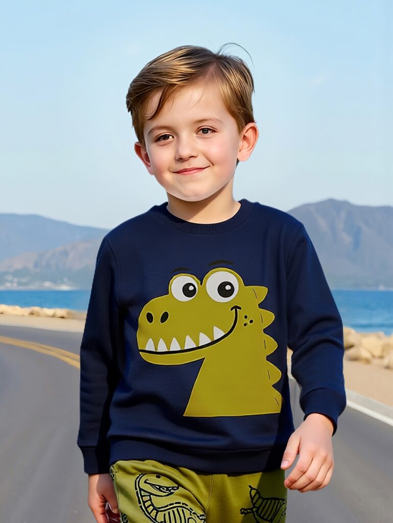 Stylish boys' dinosaur print sweatshirt and pants set, perfect for active play. Features a vibrant dinosaur print on a comfortable, versatile outfit suitable for school, playtime, and everyday wear. Ages 4-7.