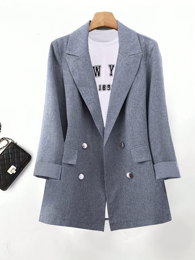 City Chic Women's Double-Breasted Casual Blazer in gray and white stripes. Relaxed fit, long sleeves, and pockets. Perfect for everyday wear.