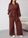 Effortless Chic Newness Belted Shirt and Pants Set in textured fabric Model showcasing the all season comfort and stylish silhouette