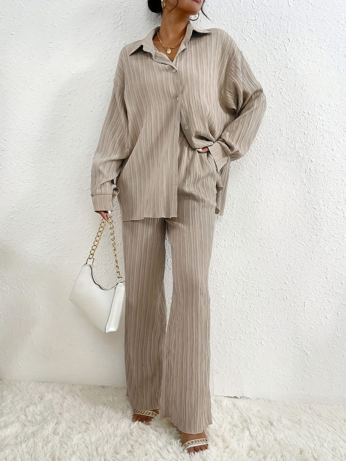 Effortless Chic Casual Pantsuit Set in smooth polyester Model showcases the complete set highlighting its comfort and style for everyday wear
