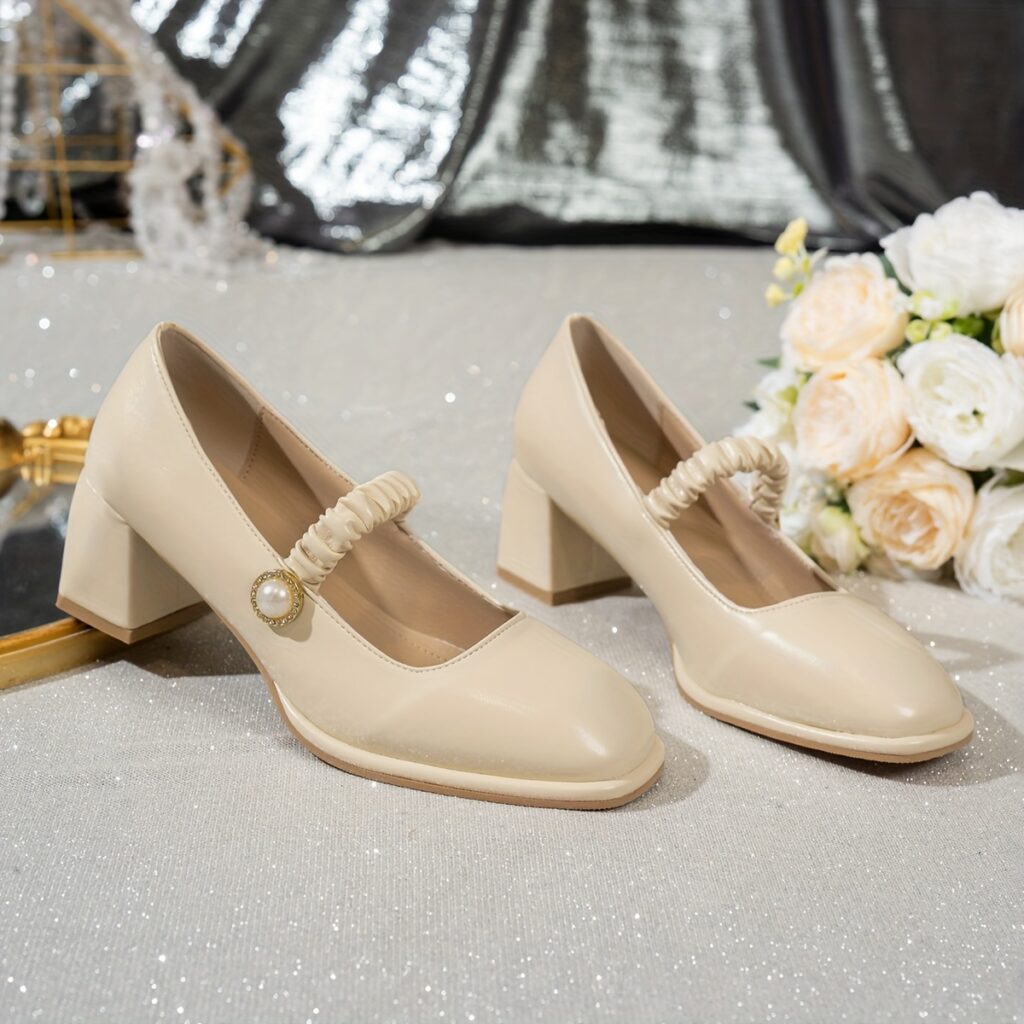 Women's Beige and Ivory Faux Mary Jane Shoes with Chunky Block Heel and Decorative Bow