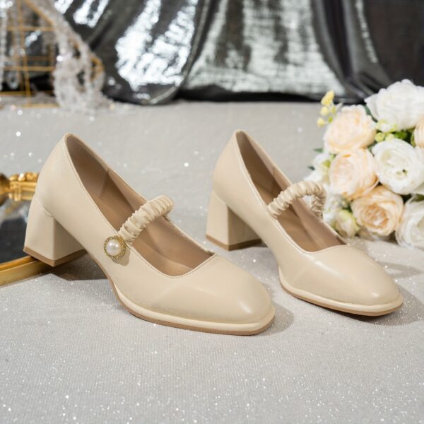 Womens Beige and Ivory Faux Mary Jane Shoes with Chunky Block Heel and Decorative Bow