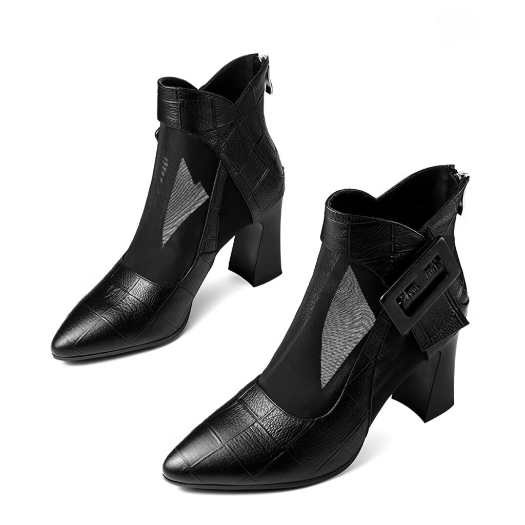 Newness Metropolitan Pointed Block Heel Boots: Modern pointed-toe boots with breathable mesh, showcasing a stylish block heel and durable sole, perfect for all-day wear.