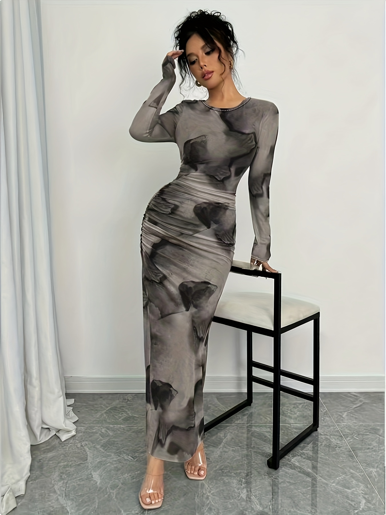 Elegant Gradient Long Sleeve Bodycon Dress for Women - Stretchy Polyester Blend, Round Neck, Form-Fitting Silhouette, Perfect for Spring/Summer, Formal or Casual Occasions, Casual Elegant Dress | Formfitting Dress | Polyester Blend Dress