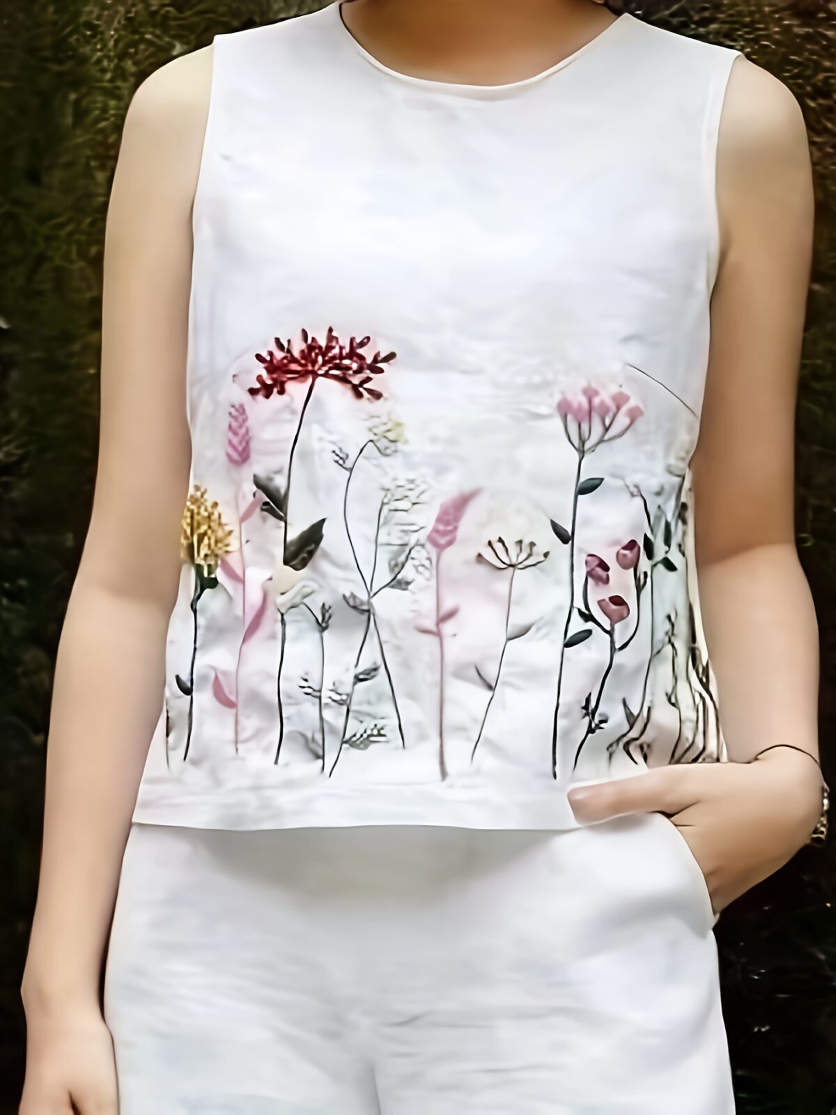 The Newness Botanical Embroidered Vest Suit in a flattering pose Showcasing the intricate embroidery and chic design