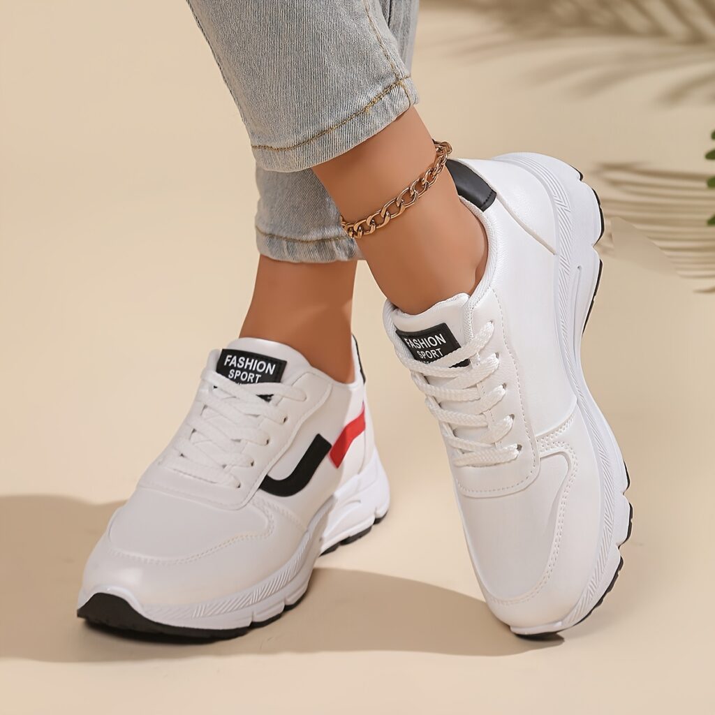 Newness City Chic White Accent Sneakers: Modern white sneakers with stylish accents, perfect for any occasion.
