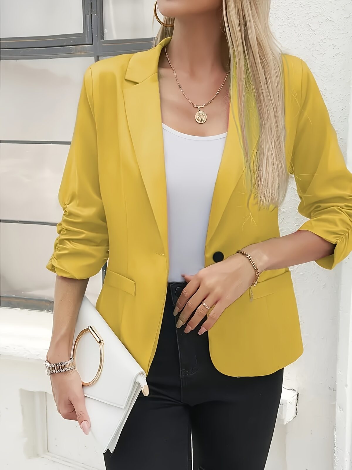 Crimson Chic Stylish Red Womens Blazer   Flattering three quarter sleeves loose fit lightweight polyester