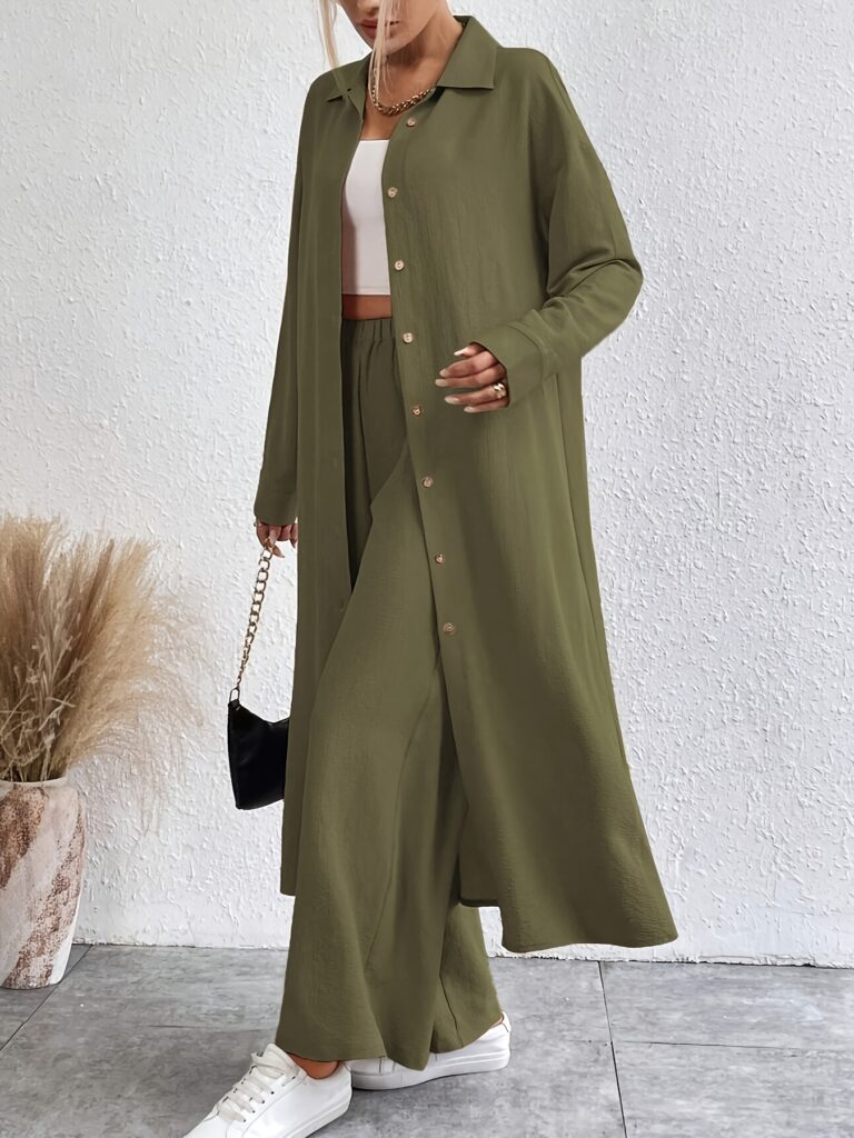 Newness Effortless Chic Two-Piece Pant Set in lightweight polyester, perfect for spring and summer. Model wears a matching pants and top set.