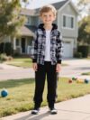 Stylish boys color block set featuring a hooded jacket and pants perfect for autumn and winter adventures Durable and comfortable