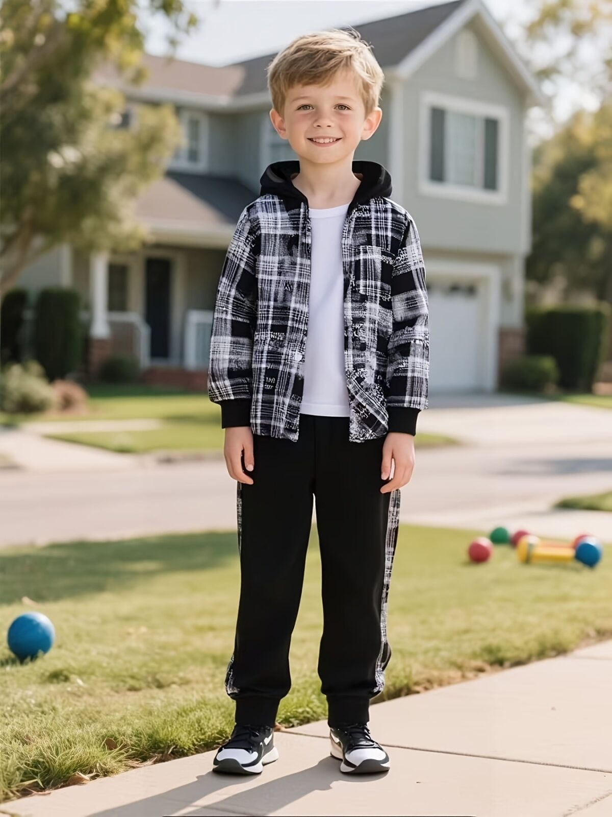 Stylish boys color block set featuring a hooded jacket and pants perfect for autumn and winter adventures Durable and comfortable