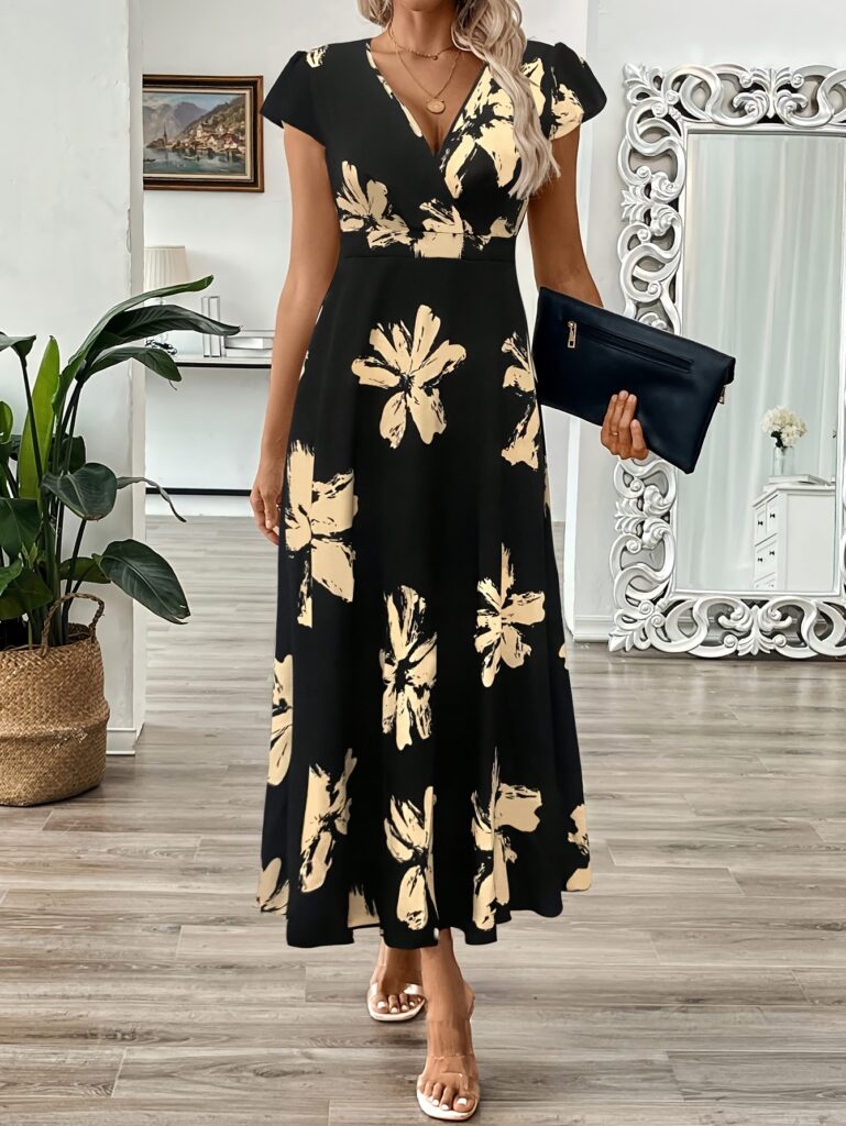 Effortlessly chic Newness Midnight Bloom Floral Print Dress in a flattering V-neck and loose silhouette, perfect for summer occasions.