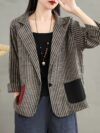 City Chic Striped Blazer Jacket with Color Block Pockets A stylish striped blazer in a relaxed fit perfect for spring and fall featuring trendy color block pockets