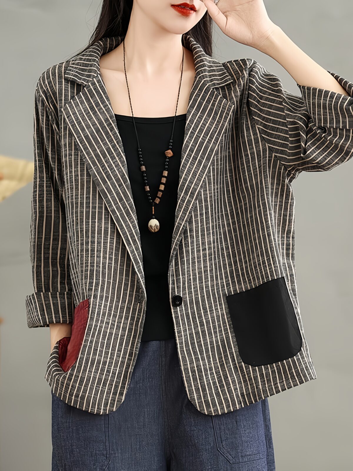 City Chic Striped Blazer Jacket with Color Block Pockets A stylish striped blazer in a relaxed fit perfect for spring and fall featuring trendy color block pockets