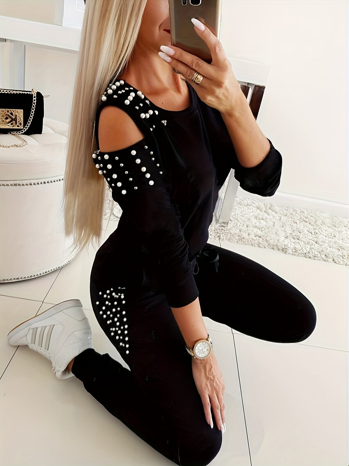 Elevate your style with the Newness Chic Pearl Embellished Two Piece Set This stunning outfit features a sophisticated design with pearl embellishments perfect for any occasion Effortless chic meets modern sophistication