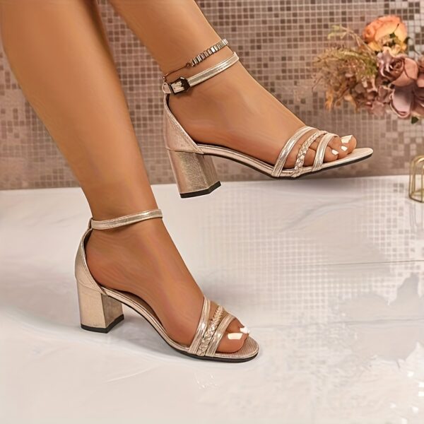Newness Celestia Gold Braided Block Heel Sandals Chic gold braided sandals with a comfortable block heel perfect for any occasion