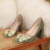 Sage Blossom Pointed Block Heel Pumps by Newness Chic pointed toe pumps with a comfortable block heel perfect for any occasion