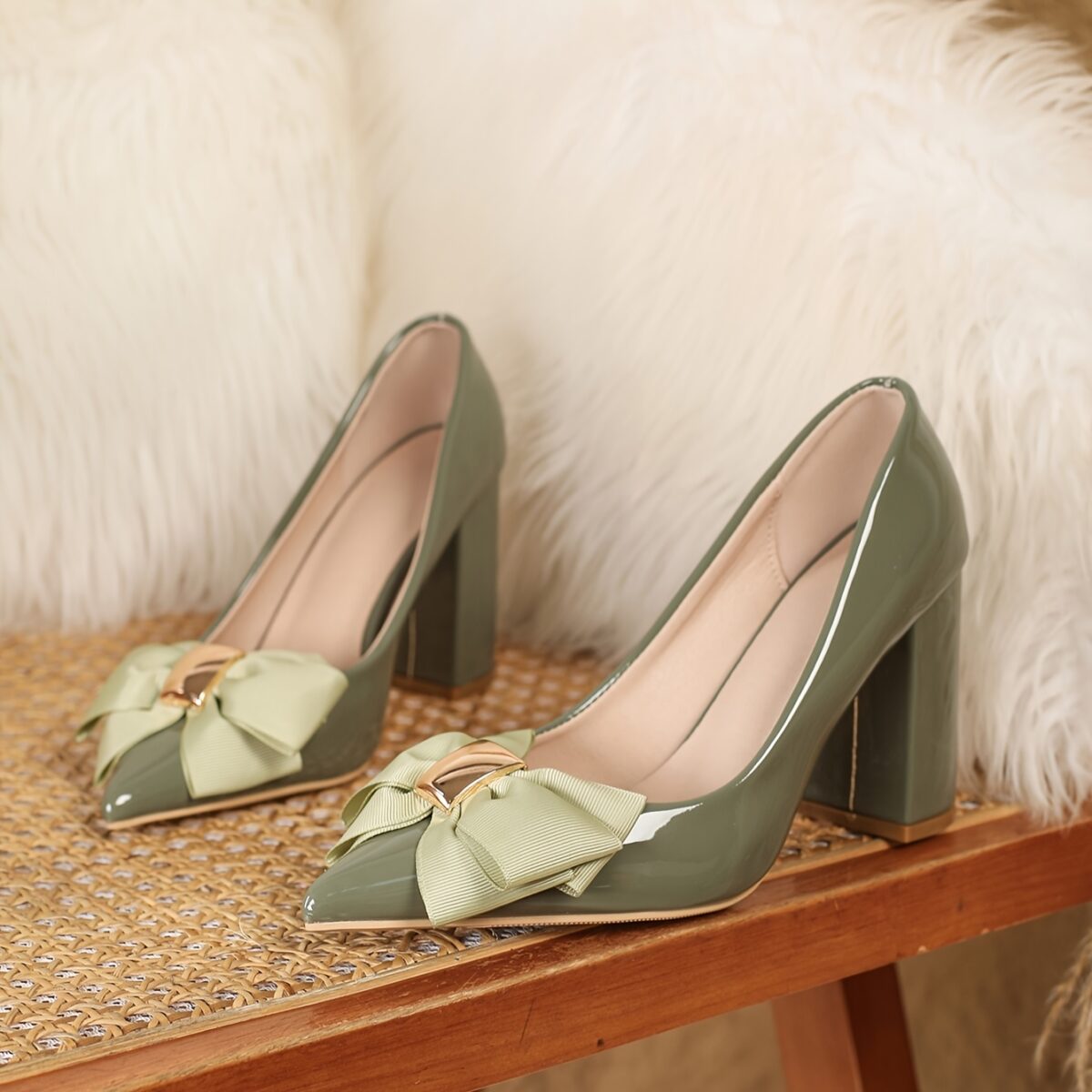 Sage Blossom Pointed Block Heel Pumps by Newness Chic pointed toe pumps with a comfortable block heel perfect for any occasion