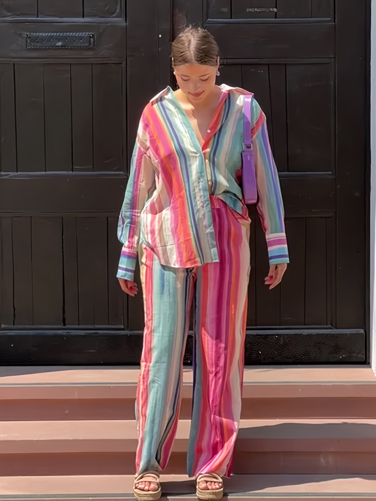The Newness Riviera Striped Suit Set A chic spring outfit featuring a striped button up shirt and belted pants Perfect for any occasion