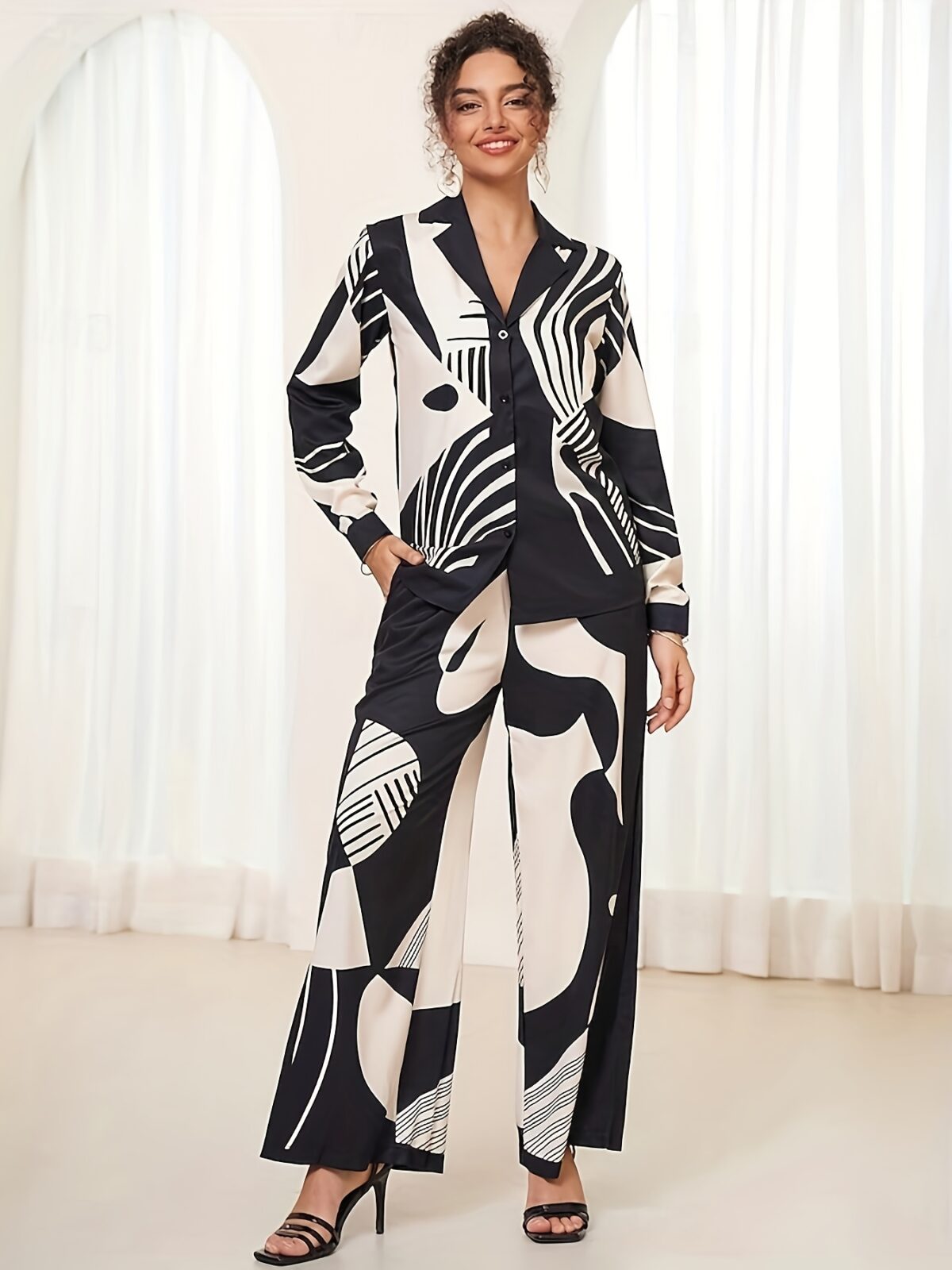 Stylish monochrome two piece set with a geometric print Perfect for spring and summer