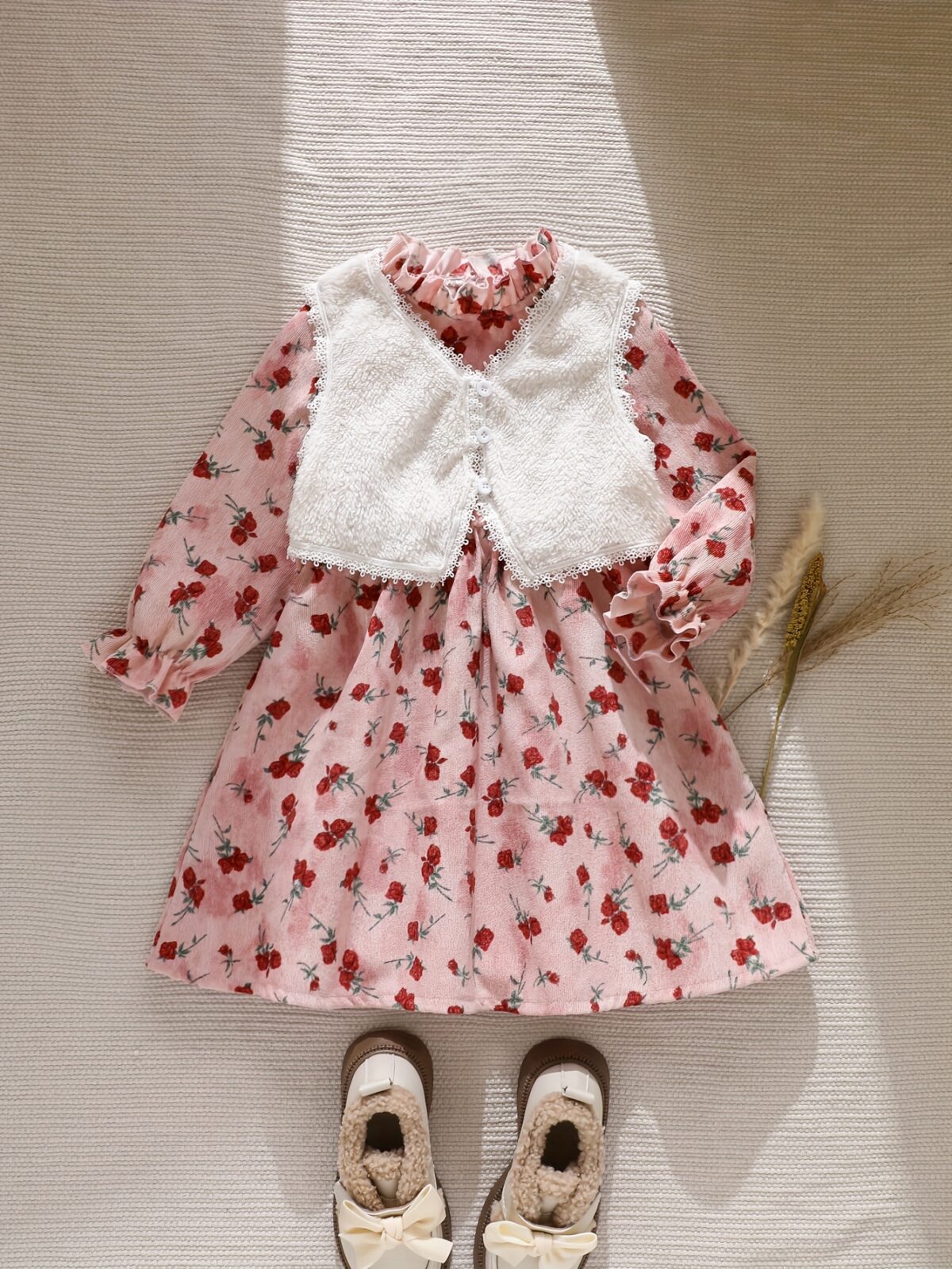 Whimsical Winter Floral Print Dress  Vest Set by Newness Enchanting floral pattern warm and comfortable