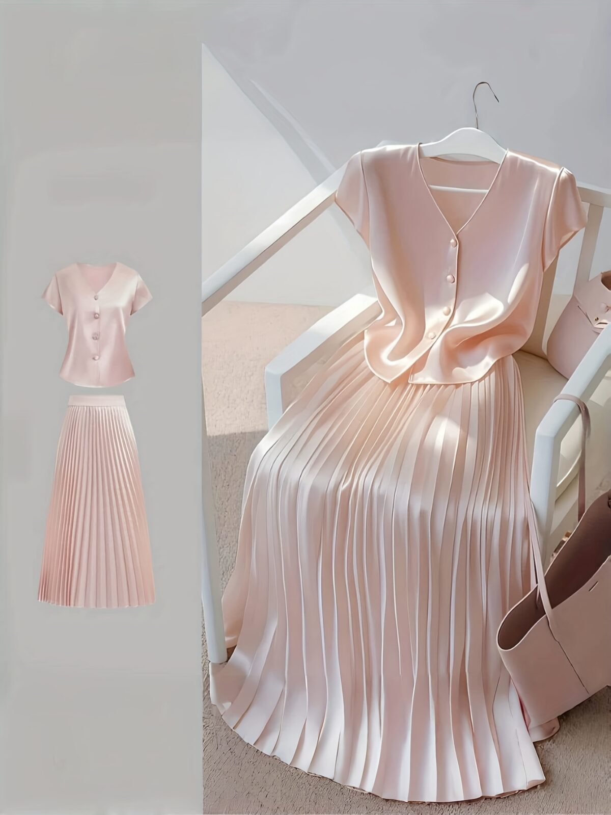 Flatlay of the Newness Bisous Rosé pink pleated midi set showcasing the skirt and top separately and together The set is a beautiful shade of pink and features delicate pleats