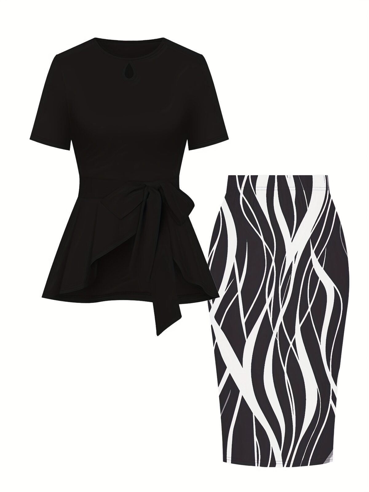 The Newness Cairo Tie Bow Two Piece Set A sophisticated modern two piece outfit featuring a stylish tie bow detail perfect for any occasion