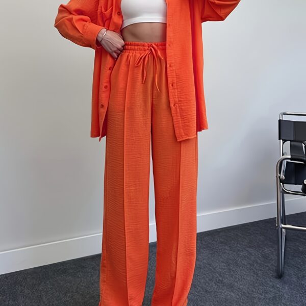 Model wearing a vibrant wide leg pants set perfect for spring The set features a flowy comfortable fit in a breathable polyester fabric