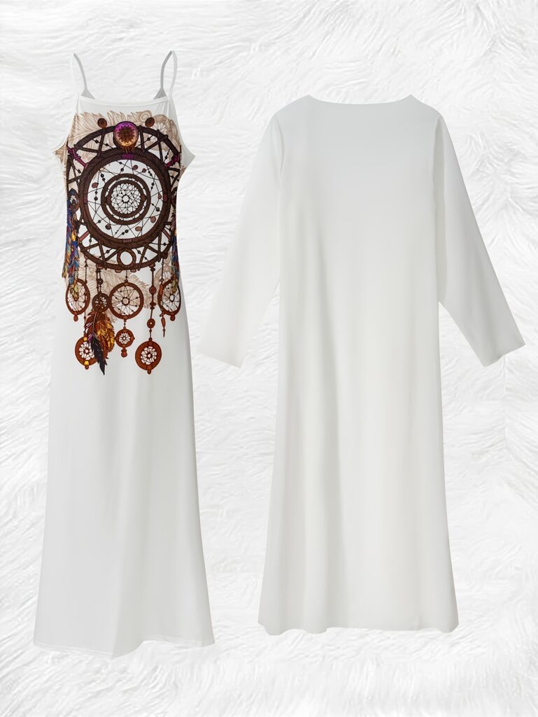 Effortlessly chic Bohemian Rhapsody Tribal Print Dress Set, perfect for vacation or everyday wear. Features a flowing dress and coordinating top.