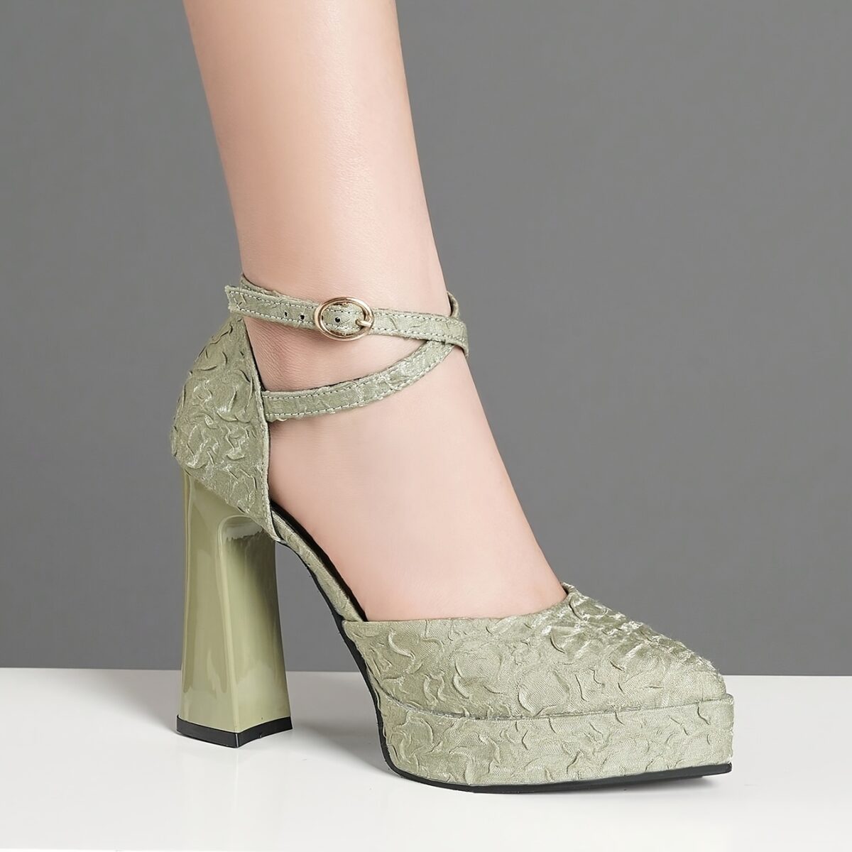 Sage Blossom Green Platform Heels by Newness Chic and comfortable green platform heels perfect for any occasion