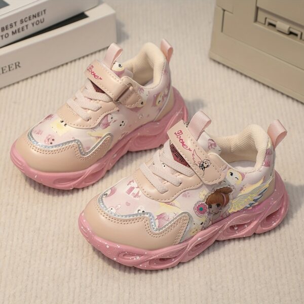 Girls' pastel purple and pink LED light-up sneakers with a cartoon bear and star design. Hook and loop closure.