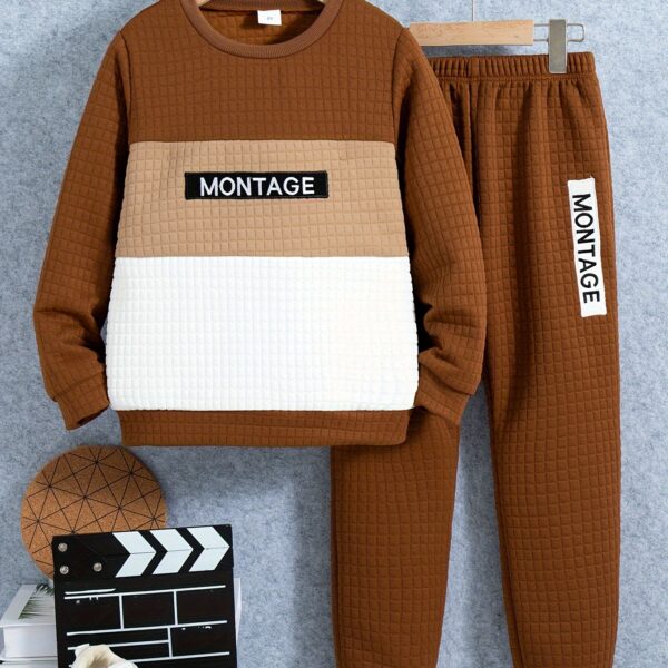 Stylish boys two piece outfit featuring a comfortable long sleeved knit pullover and trendy cargo pants perfect for spring and fall adventures