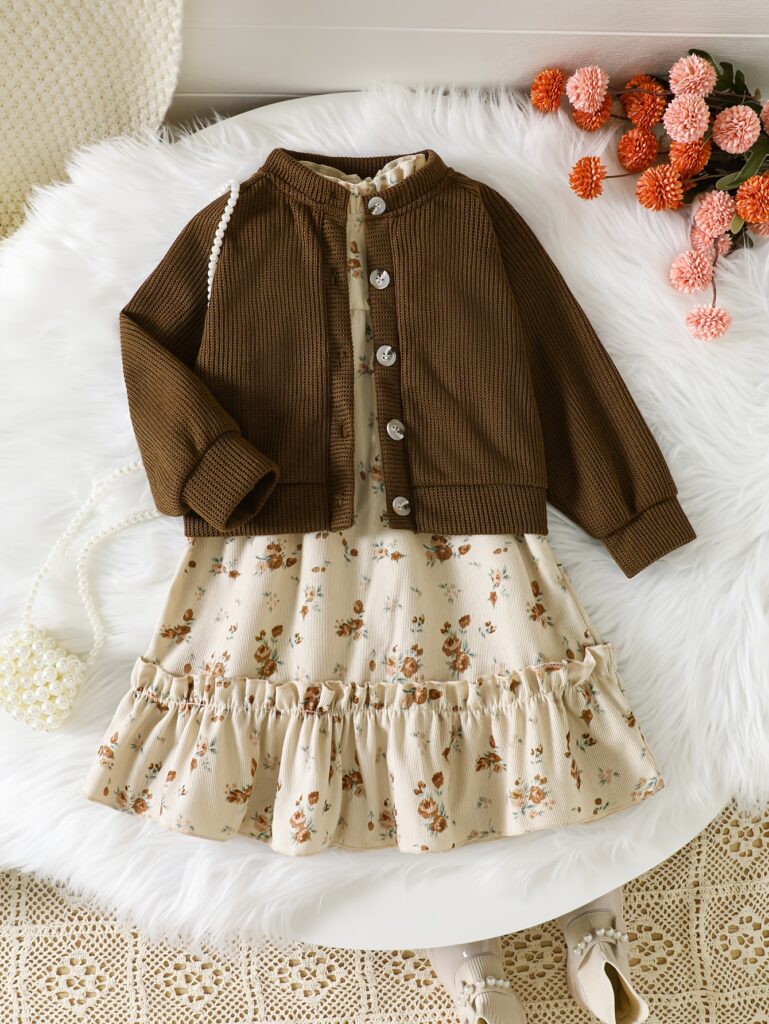Girl wearing a stylish Newness floral print set, featuring a ruffled vest and cozy coat.
