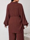 Effortless Chic Newness Belted Shirt and Pants Set in textured fabric Model showcasing the all season comfort and stylish silhouette