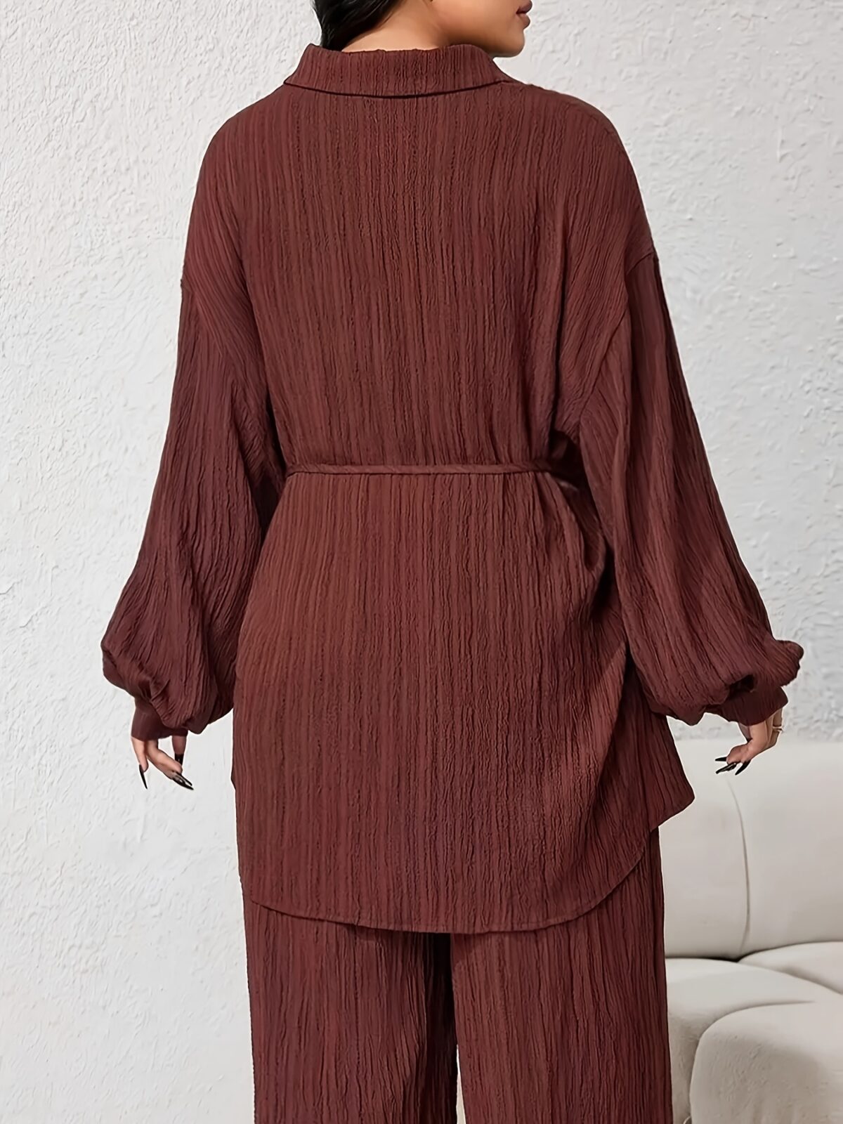 Effortless Chic Newness Belted Shirt and Pants Set in textured fabric Model showcasing the all season comfort and stylish silhouette