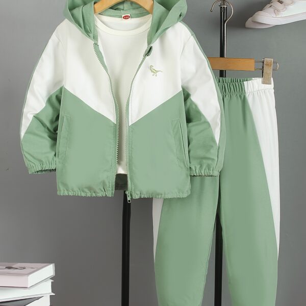 Stylish boys color block jacket and pants set featuring embroidered dinosaur details Perfect for spring or fall