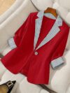 Stylish womens red and white striped blazer perfect for casual or office wear Features a single button closure and a flattering regular fit
