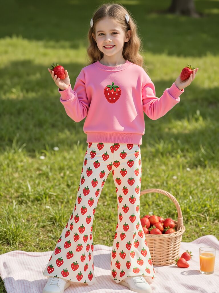 Sweet Strawberry Dreams Girls Outfit: A charming strawberry-themed dress for girls, perfect for playtime or special occasions.