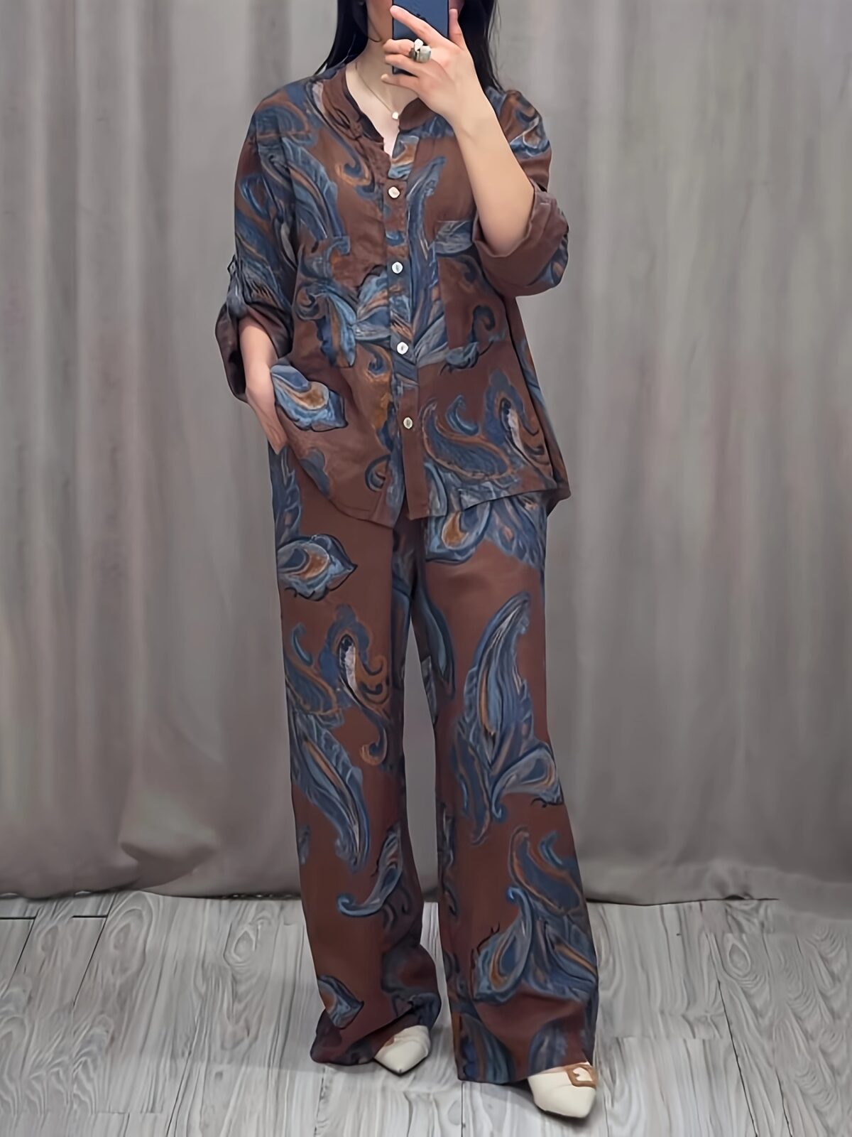 Blush Blossom Printed Pleated Set by Newness Flattering two piece outfit in a beautiful pleated design Model wears a size small