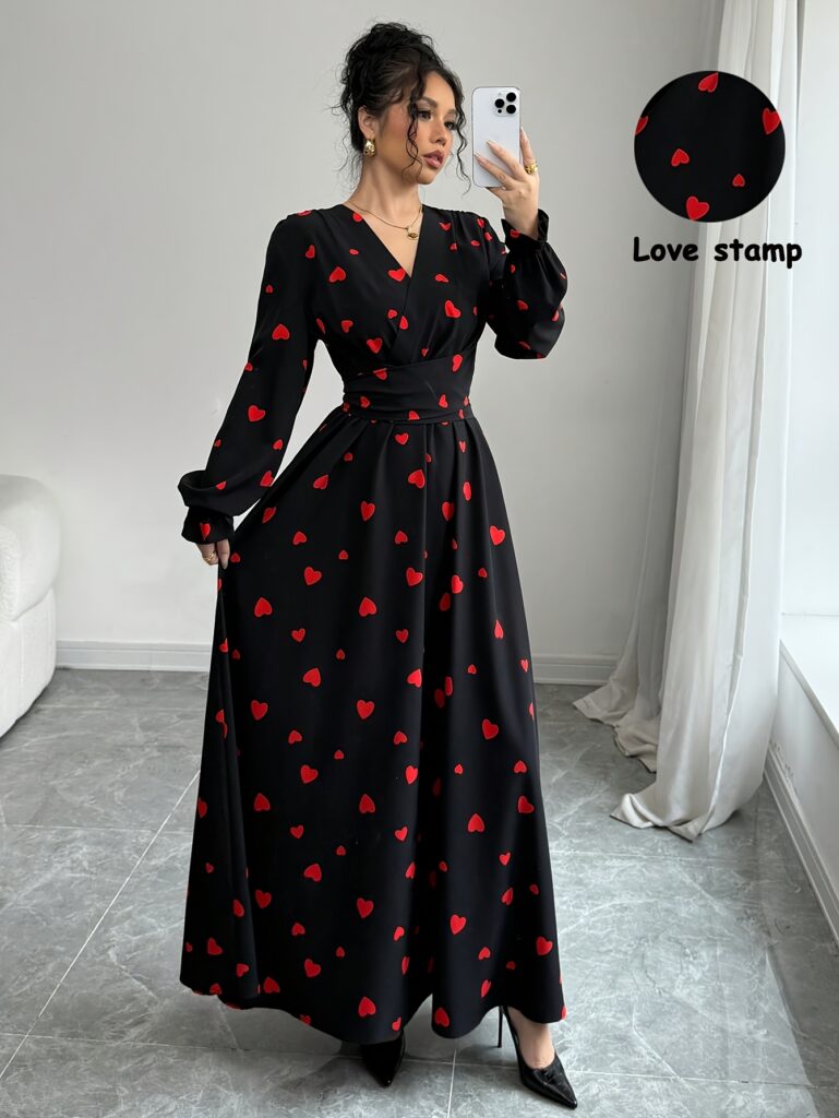 Newness Amore Heart Print Dress: A stunning elegant dress adorned with a delicate heart print, perfect for date nights and special occasions.