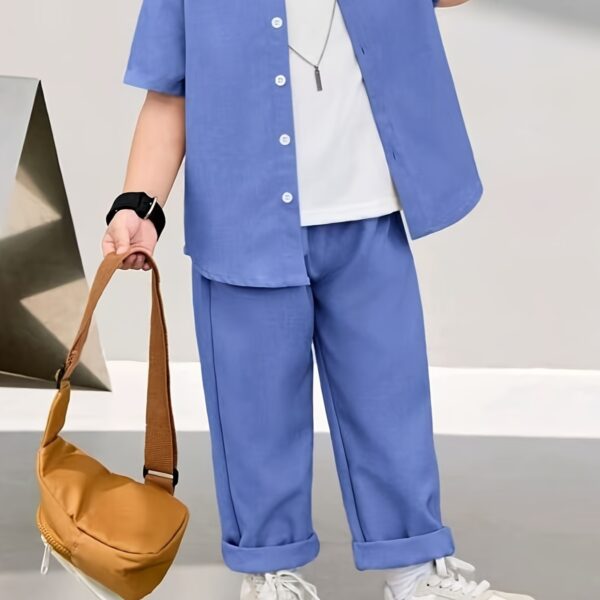 Stylish boys' solid color shirt and pants set, perfect for spring and summer. Lightweight and comfortable, ideal for warm weather.