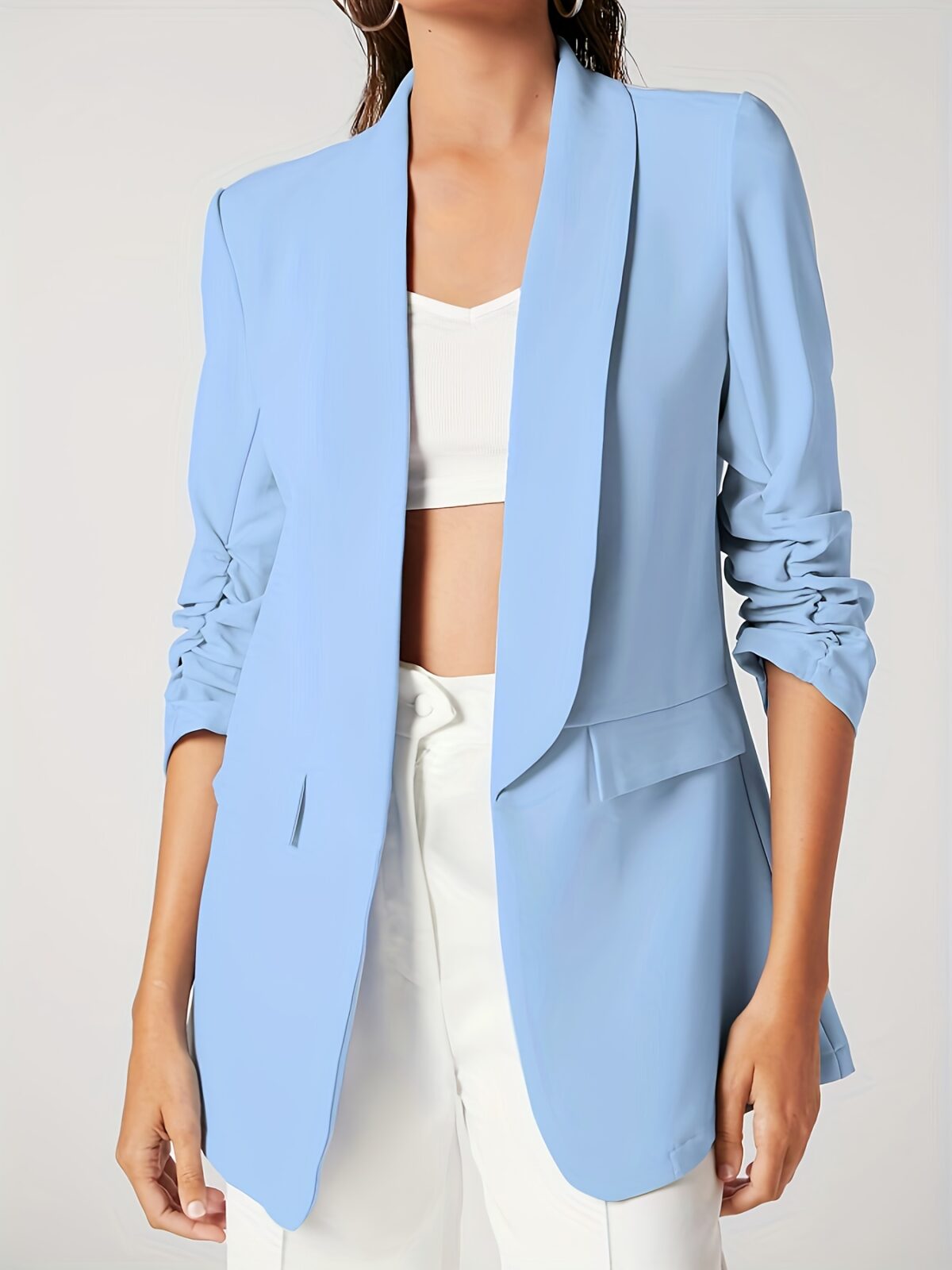 Modern Muse Womens Light Blue Casual Office Blazer a versatile light blue blazer perfect for the office or casual wear Flattering silhouette Model wearing a light blue blazer