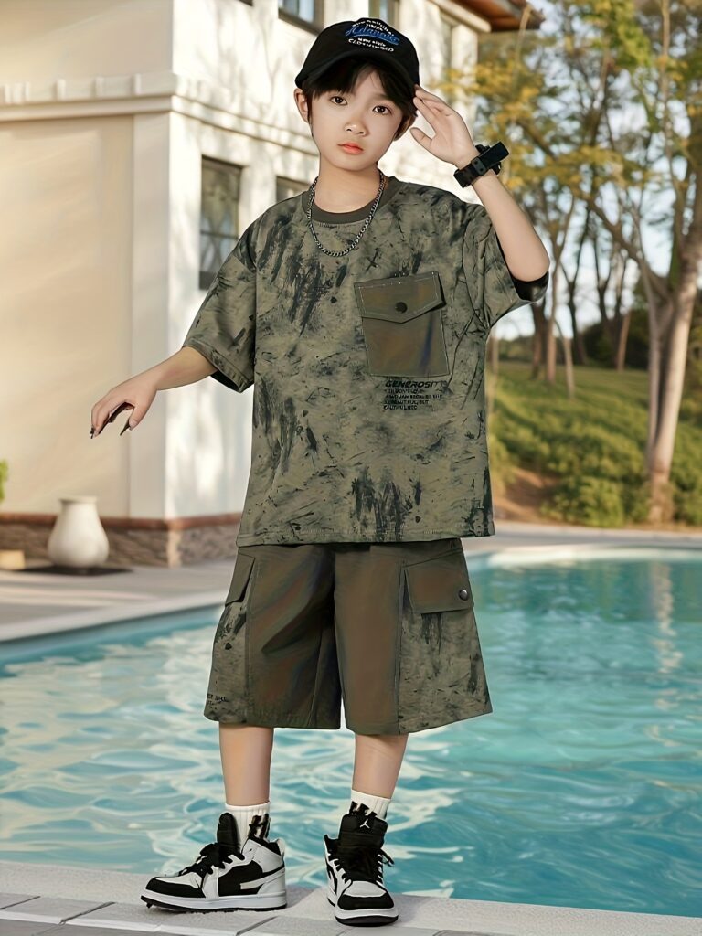 Stylish and comfortable summer boys' casual set, perfect for outdoor play. The outfit includes a trendy top and shorts in a vibrant color.